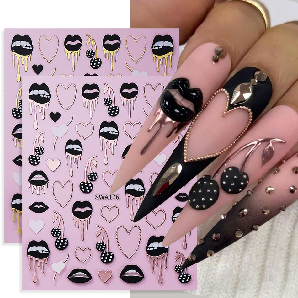 Nail Art Valentines Day - 2pcs Black Lips Love Heart Nail