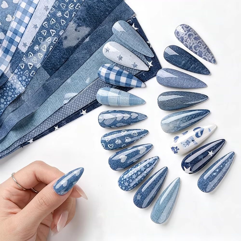 10Pcs/Lot Denim Print Nail Tra - Nail Art Denim ulasan dan harga