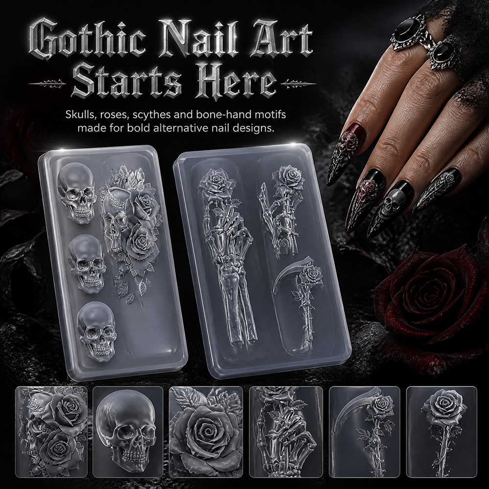 2Pcs Set Dark Rose Skull Silic - Nail Art Gothic ulasan dan harga