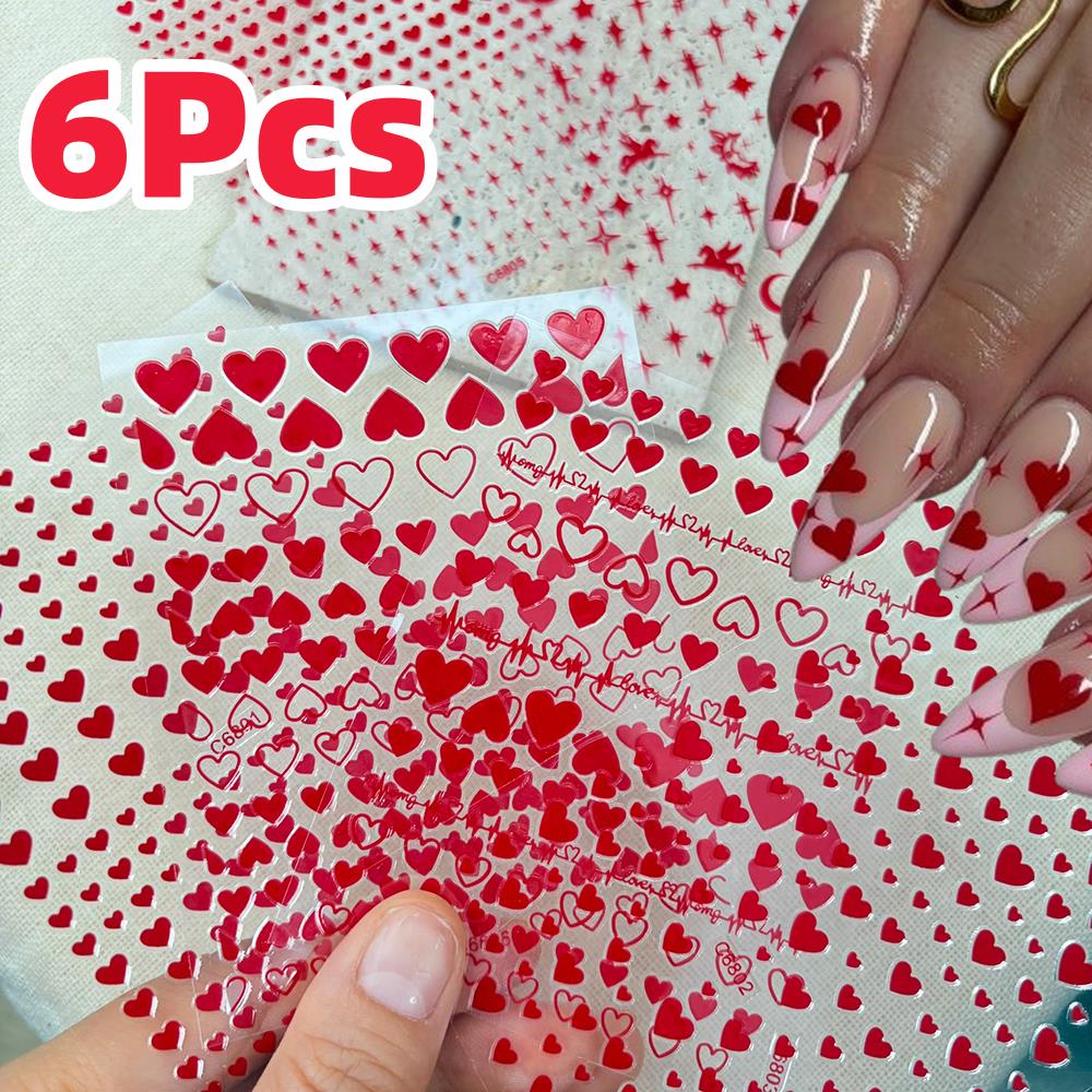 6Pcs/Set Red Love-Heart Valent - Nail Art Valentines Day ulasan dan harga