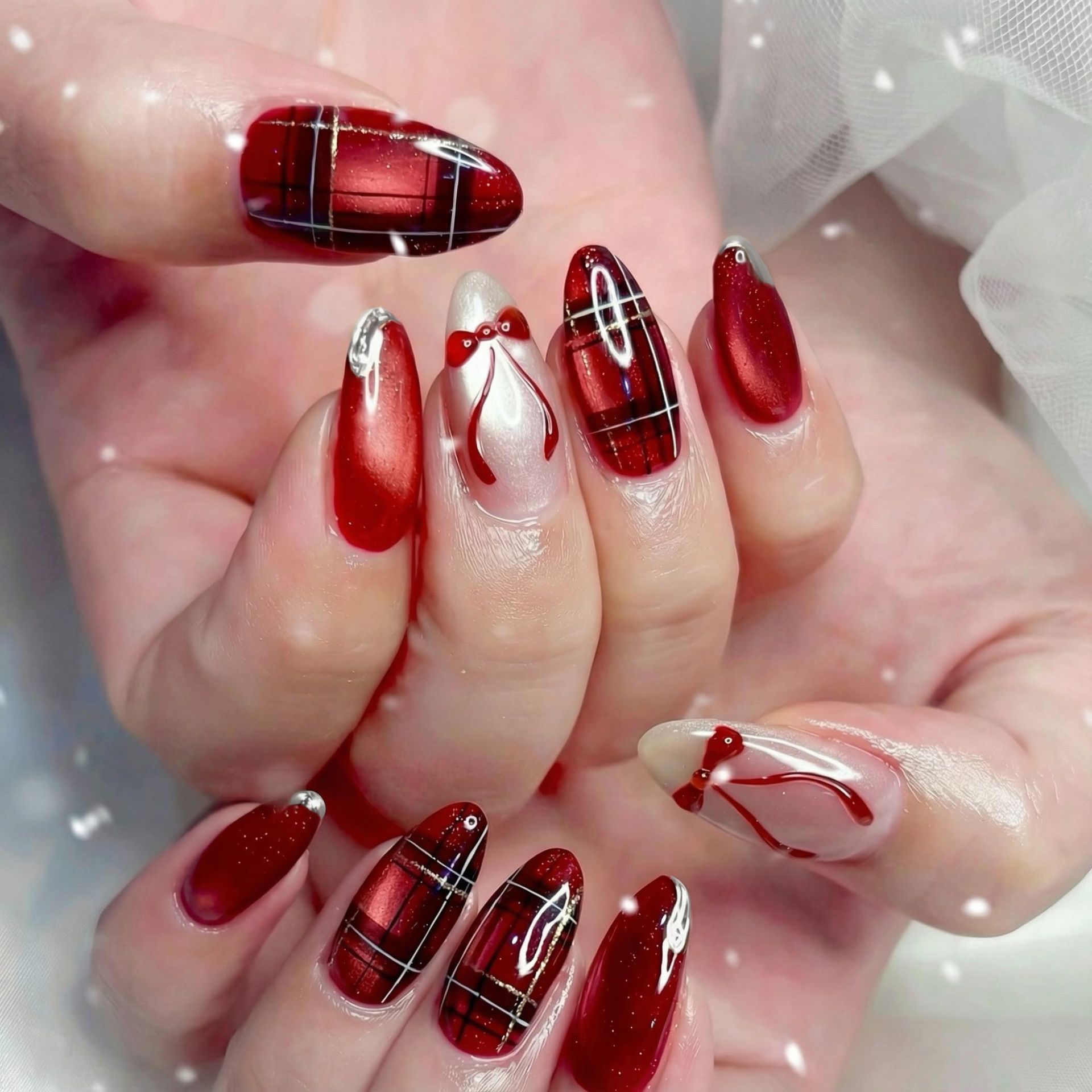 24PCS Red 3D Bow Cat Eye False - Nail Art Valentines Day ulasan dan harga