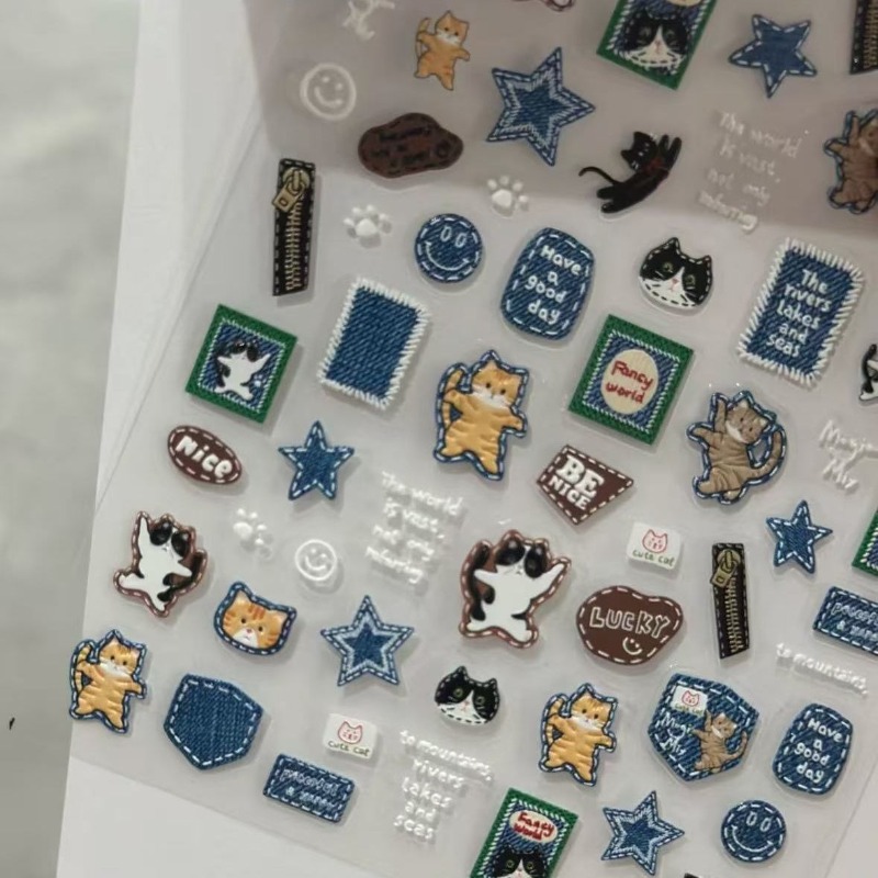 American Retro Denim Cat 3D Re - Nail Art Denim ulasan dan harga